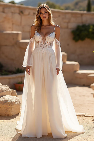 Ivory Chiffon A Line Cold Shoulder Court Train Wedding Dress with Lace Appliques